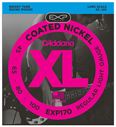 D'Addario EXP170 Coated Nickel Wound Bass, Light, 45-100, Long Scale Takım Tel Bas Gitar Teli 045-100