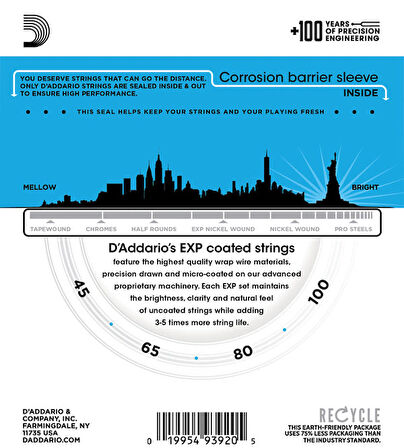 D'Addario EXPPBB170 Coated Phosphor Bronze Acoustic, Long Scale, 45-100 Takım Tel Akustik Bas Gitar Teli 045-100