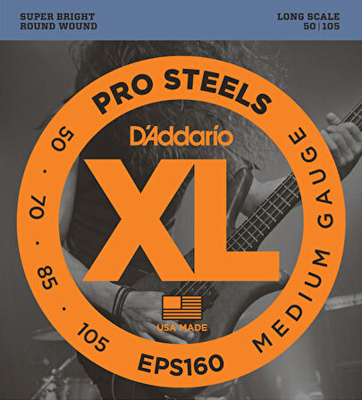D'Addario EPS160 ProSteels Bass, Medium, 50-105, Long Scale Takım Tel Bas Gitar Teli 050-105