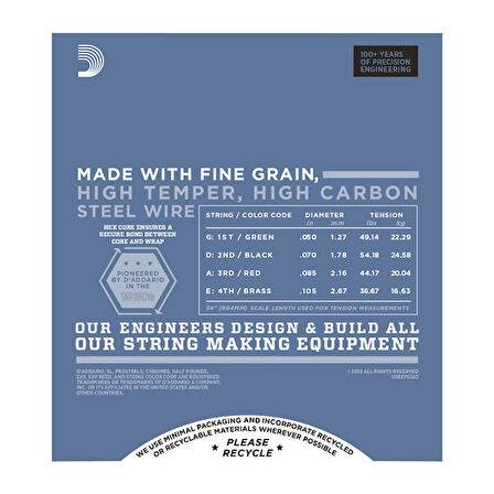 D'Addario EPS160 ProSteels Bass, Medium, 50-105, Long Scale Takım Tel Bas Gitar Teli 050-105