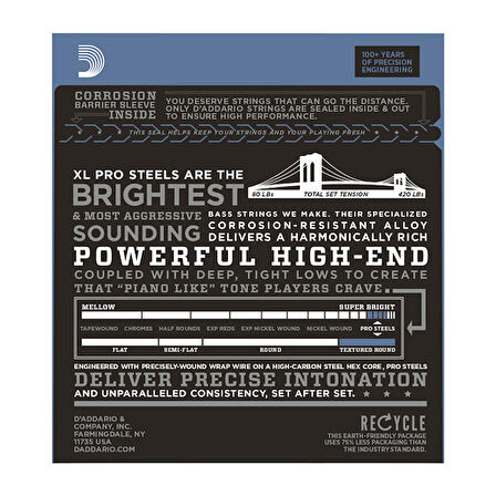D'Addario EPS170-5 ProSteels 5-String Bass, Light, 45-130, Long Scale Takım Tel 5 Telli Bas Gitar Teli 045-130