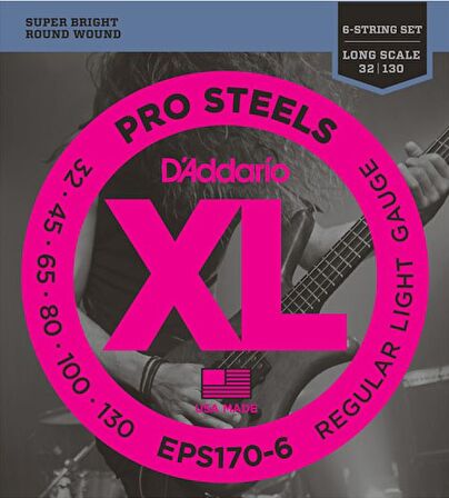 D'Addario EPS170-6 ProSteels 6-String Bass, Light, 32-130, Long Scale Takım Tel 6 Telli Bas Gitar Teli 032-130