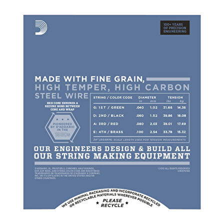 D'Addario EPS190 ProSteels Bass, Custom Light, 40-100, Long Scale 040-100 Takım Tel Bas Gitar Teli