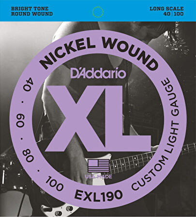 D'Addario EXL190 Nickel Wound Bass, Custom Light, 40-100, Long Scale Takım Tel Bas Gitar Teli 040-100