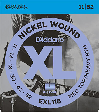 D'Addario EXL116 Nickel Wound, Medium Top/Heavy Bottom, 11-52 Takım Tel Elektro Gitar Teli 011-052