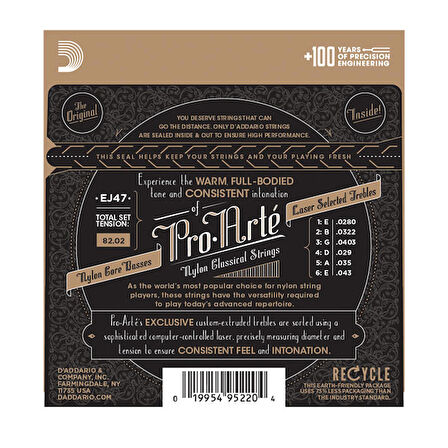 D'Addario EJ47 80/20 Bronze Pro-Arté Nylon, Normal Tension Takım Tel Klasik Gitar Teli