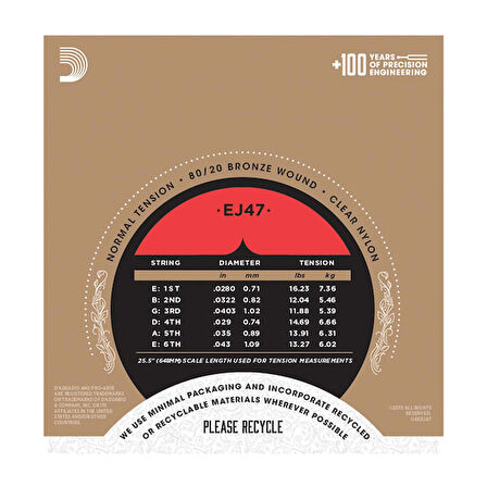 D'Addario EJ47 80/20 Bronze Pro-Arté Nylon, Normal Tension Takım Tel Klasik Gitar Teli