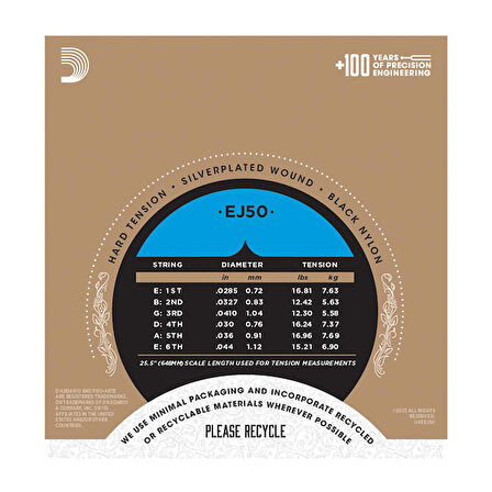 D'Addario EJ50 Pro-Arté Black Nylon, Hard Tension Takım Tel Klasik Gitar Teli