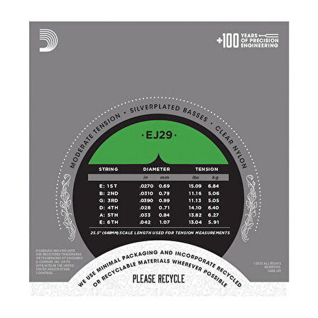D'Addario EJ29 Pro-Arté Rectified Trebles, Moderate Tension Takım Tel Klasik Gitar Teli