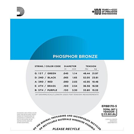 D'Addario EPBB170-5 ,Phosphor Bronze 5-String Acoustic Bass Strings 5 Telli Akustik Bas Gitar Teli 045