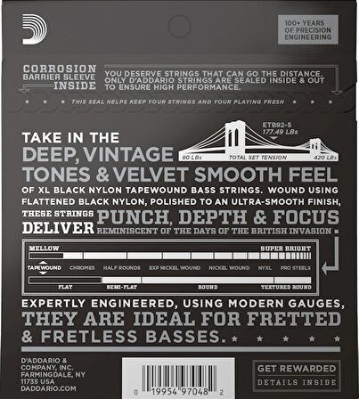 D'Addario ETB92-5 Medium 5-String / Long Scale Set 5 Telli Bas Gitar Teli 50-135