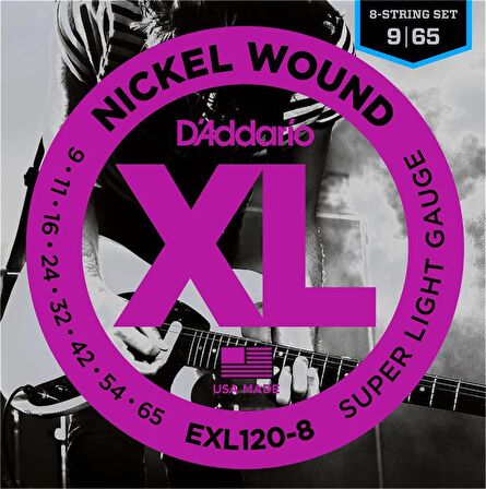 D'Addario EXL120-8 Nickel Wound, 8-String, Super Light, 9-65 Takım Tel 8 Telli Elektro Gitar Teli