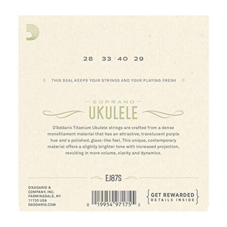 D'Addario EJ87S Titanium Ukulele, Soprano Takım Tel Ukulele Teli