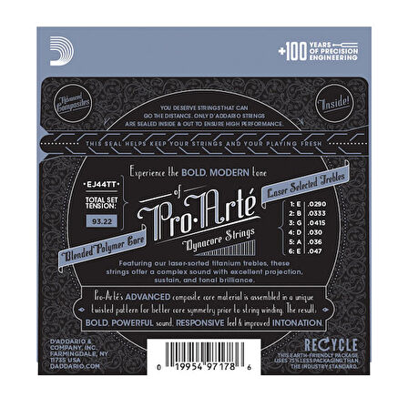 D'Addario EJ44TT Pro-Arté Dynacore, Titanium Trebles, Extra-Hard Tension Takım Tel Klasik Gitar Teli