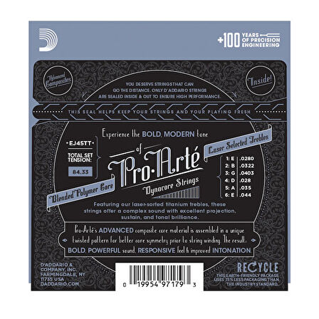 D'Addario EJ45TT Pro-Arté Dynacore, Titanium Trebles, Normal Tension Takım Tel Klasik Gitar Teli