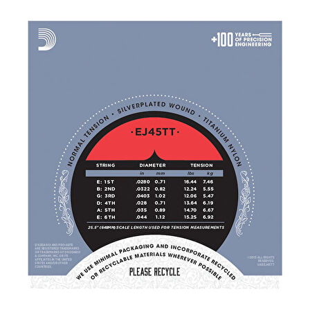 D'Addario EJ45TT Pro-Arté Dynacore, Titanium Trebles, Normal Tension Takım Tel Klasik Gitar Teli