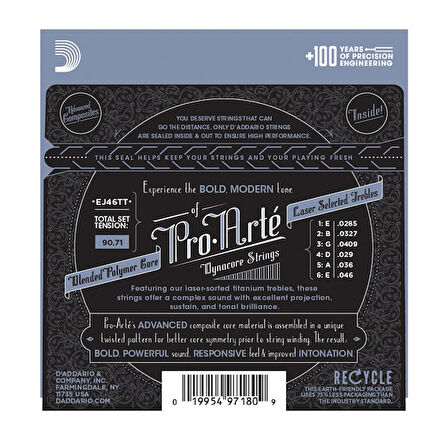 D'Addario EJ46TT Pro-Arté Dynacore, Titanium Trebles, Hard Tension Takım Tel Klasik Gitar Teli