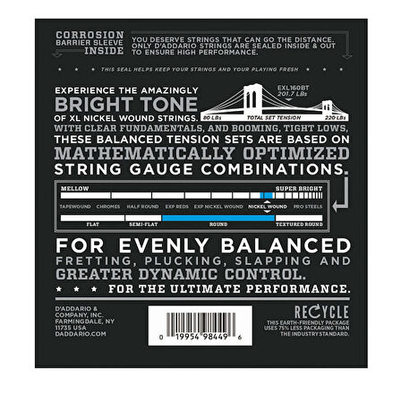 D'Addario EXL160BT Nickel Wound, Balanced Tension Medium, 50-120 Takım Tel Bas Gitar Teli 050-120