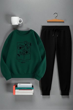 Unisex Kurdele Tasarım Baskılı Bisiklet Yaka Sweatshirt 2'li Eşofman Takımı
