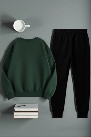 Unisex Kurdele Tasarım Baskılı Bisiklet Yaka Sweatshirt 2'li Eşofman Takımı