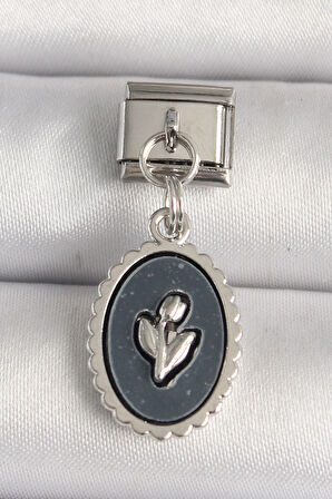 316L Çelik Gümüş Renk Çiçek İşlemeli Siyah Portre Model Nomination Charm