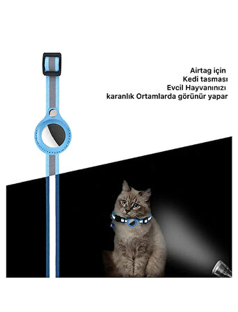 Airtag Uyumlu  Tutucu Özellikli Kedi Tasması ( Mavi )