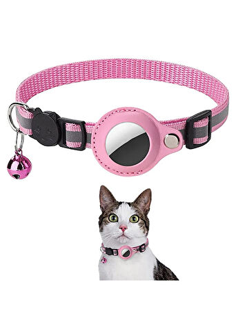 Airtag Uyumlu  Tutucu Özellikli Kedi Tasması ( Pembe )