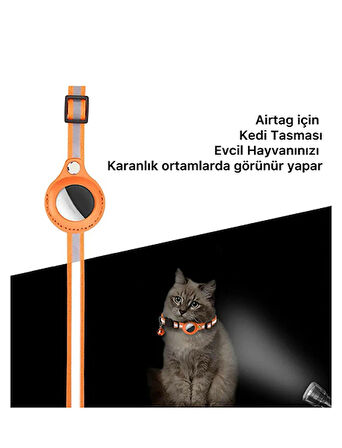 Airtag Uyumlu  Tutucu Özellikli Kedi Tasması ( Turuncu )