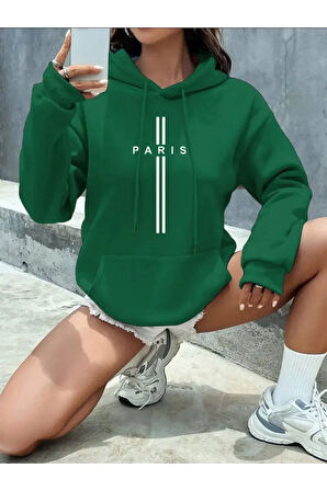 Paris Dikey Kapüşonlu Cepli Sweatshirt