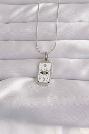 316L Çelik Gümüş Renk Beyaz Mineli Göz Figür Tarot Kolye