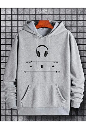 Kulaklık Baskılı Kapüşonlu Cepli Sweatshirt