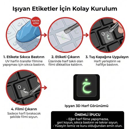 Arapça Karanlıkta Parlayan 3D Klavye Etiketi – UV Transfer, Şeffaf, Kabartmalı Harfler, İz Bırakmaz, Işıksızda Görünür Beyaz