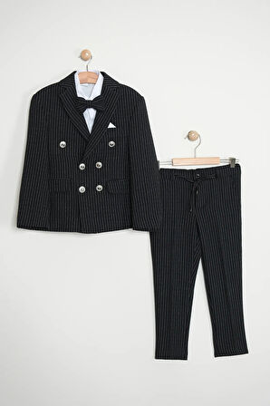 Erkek Çocuk Çizgili Ceket Gömlek Pantolon Papyonlu Takım Elbise Te.1001y