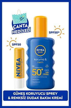 Nivea Sun Koruma Ve Nem Vücut Spreyi 200ml Ve Yüksek Güneş Korumalı Dudak Bakım Kremi, Spf50, Çanta Hediye