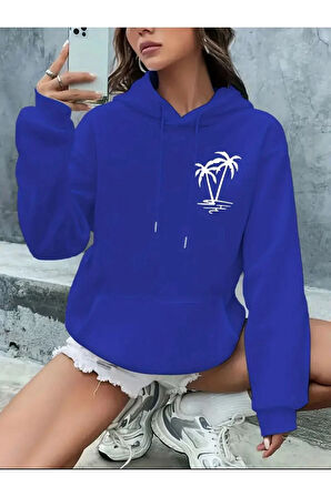 Palmiye Baskılı Cepli Kapüşonlu Sweatshirt