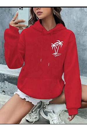 Palmiye Baskılı Cepli Kapüşonlu Sweatshirt