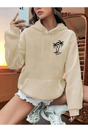 Palmiye Baskılı Cepli Kapüşonlu Sweatshirt