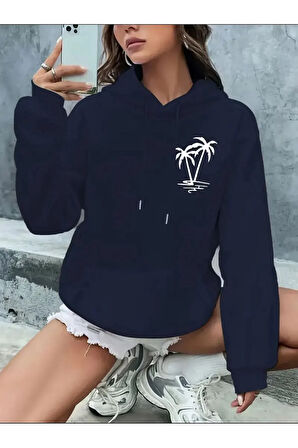 Palmiye Baskılı Cepli Kapüşonlu Sweatshirt