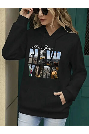 Newyork Baskılı  Cepli Kapüşonlu Sweatshirt