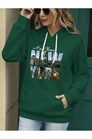 Newyork Baskılı  Cepli Kapüşonlu Sweatshirt