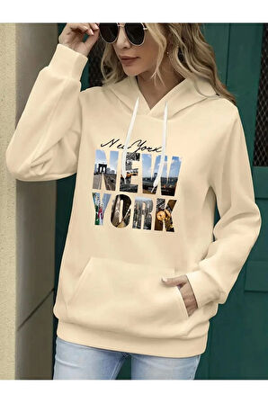 Newyork Baskılı  Cepli Kapüşonlu Sweatshirt