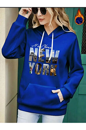Newyork Baskılı  Cepli Kapüşonlu Sweatshirt