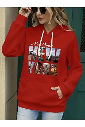 Newyork Baskılı  Cepli Kapüşonlu Sweatshirt