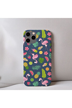 İphone 14 Pro Max Uyumlu İçi Kadife Flamingo Desenli Telefon Kılıfı