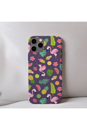 İphone 15 Plus Uyumlu İçi Kadife Flamingo Desenli Telefon Kılıfı