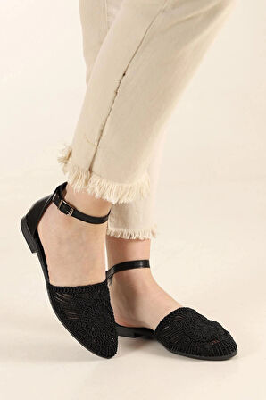 Apelles Shoes Nakış işlemeli Bilekten Bağlamalı Düz Taban Babet