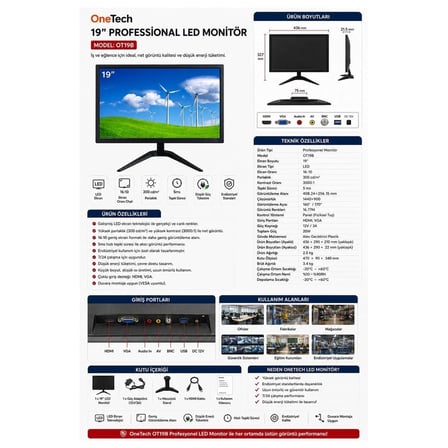 19" Profesyonel LED Monitör | HDMI VGA Girişli | 5ms Tepki Süresi | Duvara Monte Edilebilir OT19B