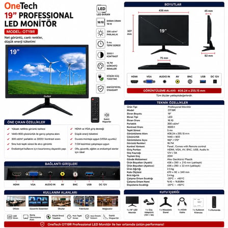 19" Profesyonel LED Monitör | Hdmı VGA USB Rca Hoparlörlü Kumanda 5ms Duvara Montaj OT19R