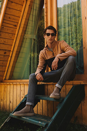 Erkek Sutlu Kahve-kahve Standart Fit Normal Kesim Günlük Rahat Çift Renkli Polar Spor Sweatshirt