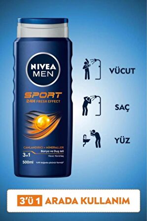 NIVEA MEN Erkek Canlandırıcı Banyo ve Duş Jeli Sports 500ml, Vücut Yüz Saç, Yenileyici Mineraller, X3 Adet